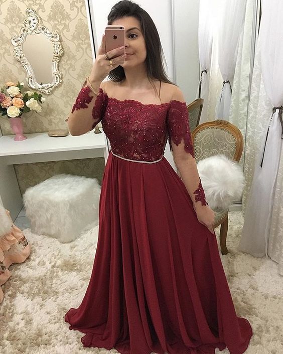 long sleeve dark red dress