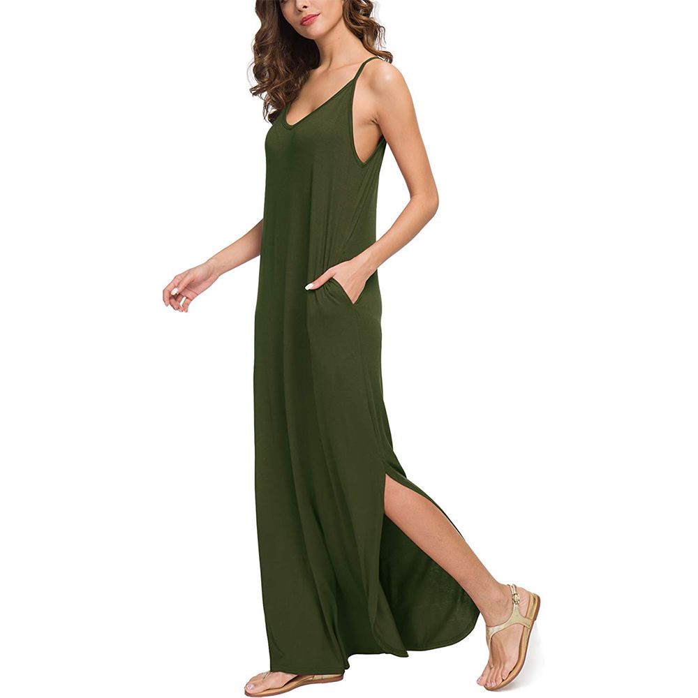 HUSKARY Women's Summer Casual Sleeveless V Neck Strappy Split Loose Dress Beach Cover Up Long Cami Maxi Dresses with Pocket 