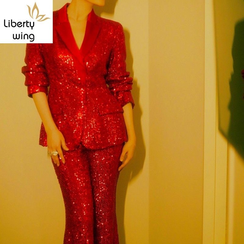 red wide leg pants suit