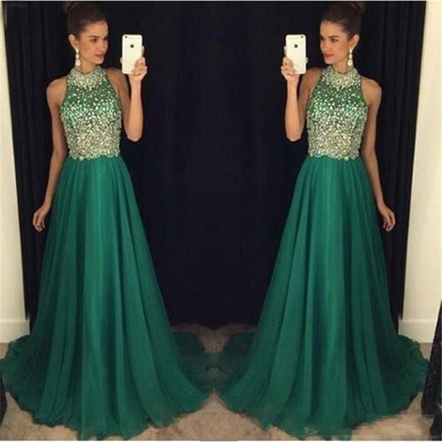 emerald green a line prom dress