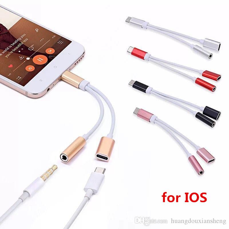 Cargador De Baterias 2 En 1 Cargador Y Audio De Tipo C Para Auricular 3 5mm Iphone Adaptador De Enchufe Para Cable Conector Aux Auriculares Para Telefonos Inteligentes 7 8p Xs Maximo