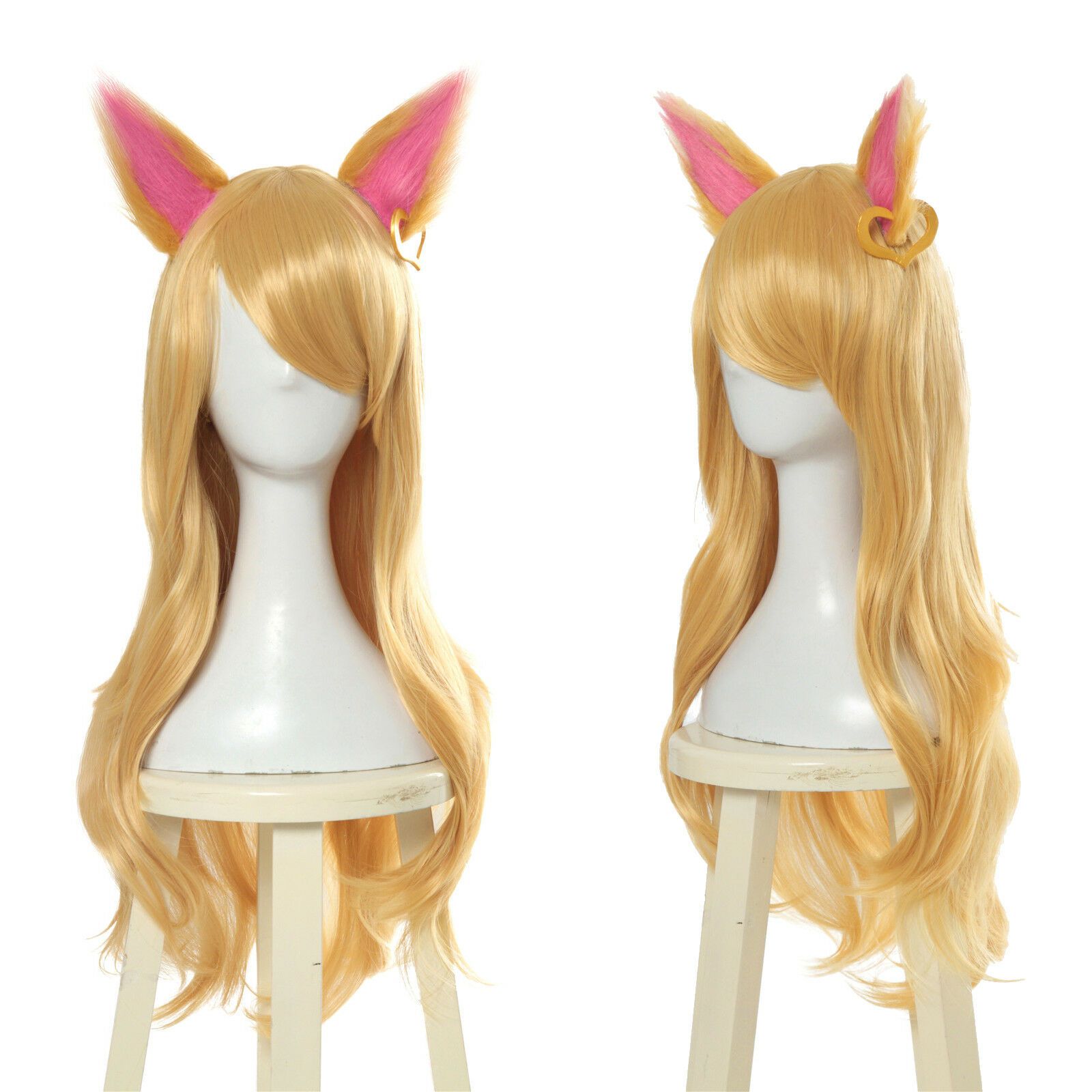 Lol Kda Ahri Cosplay Wig Long Straight Blonde Gold Hair Ears Women