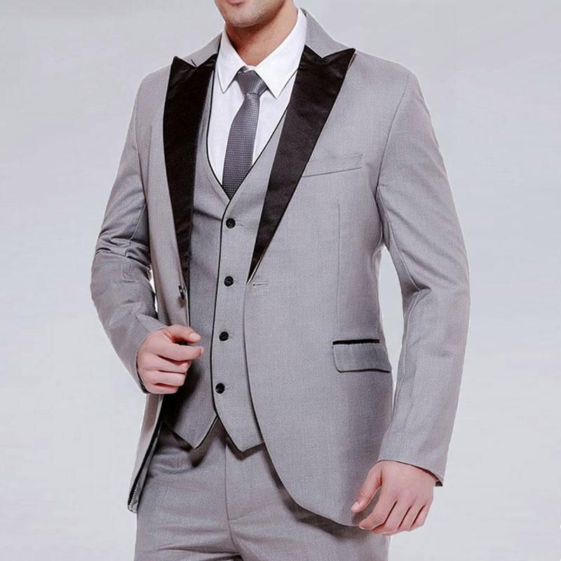 Men Wedding Tuxedo Formal Prom Suit Light Grey Tailcoat Groom Jacket+Pant+Vest