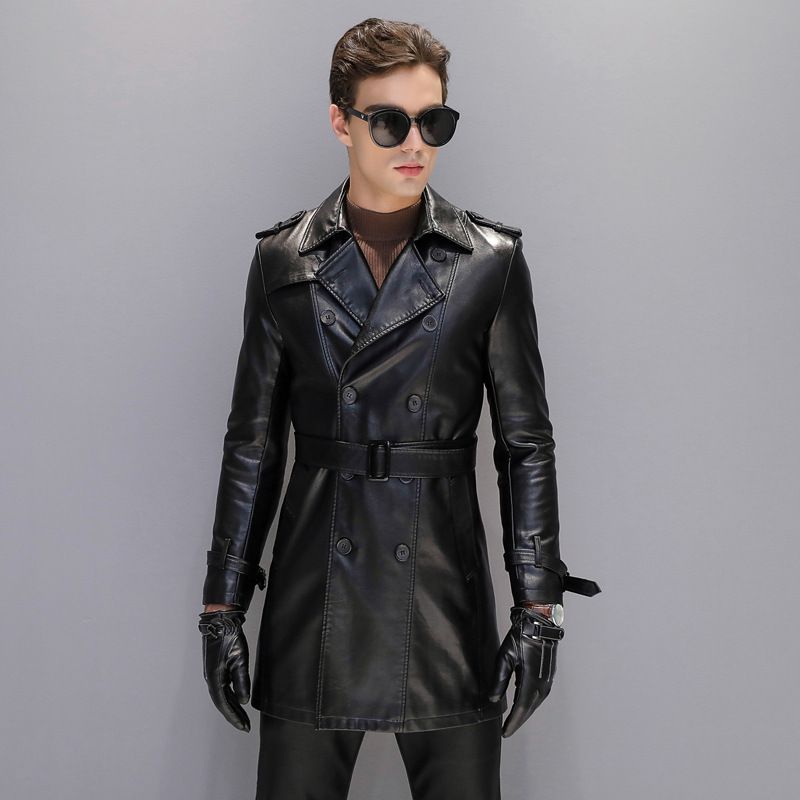 2020 The Men Leather Trench Coat Lapel Pure Color Mens Leisure Is Qiu ...