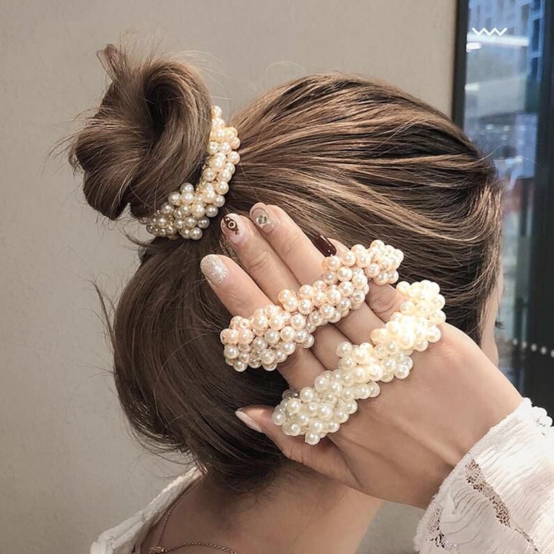 Woman Elegant Pearl Hair Ties Beads Girls Scrunchies Rubber Bands Ponytail Holders Hair Accessories Elastic Hair Band Cute Hair Accessories Bow Hair