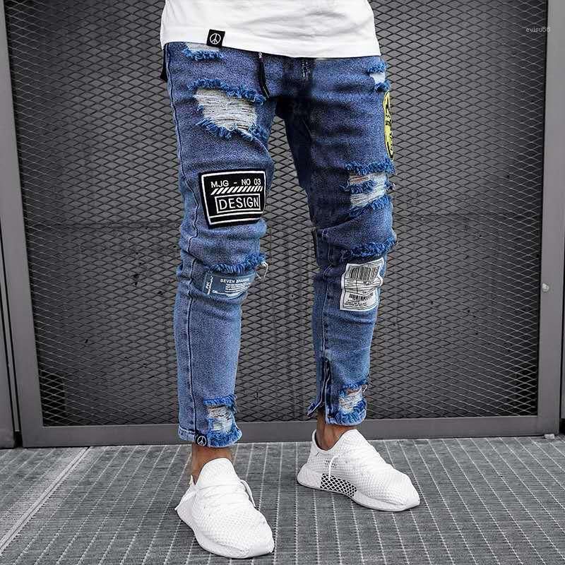 2021 Pants Fashion Vintage Badge Pants Males Clothing Hole Mens ...