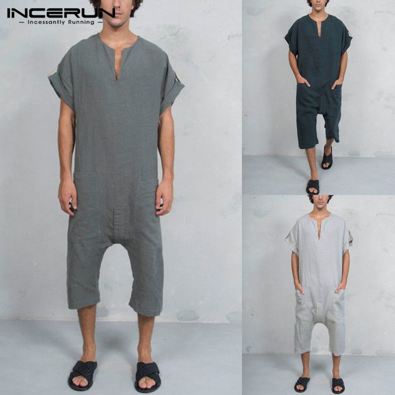2020 Incerun Vintage Mens Pants Rompers Cotton Pockets Jumpsuit