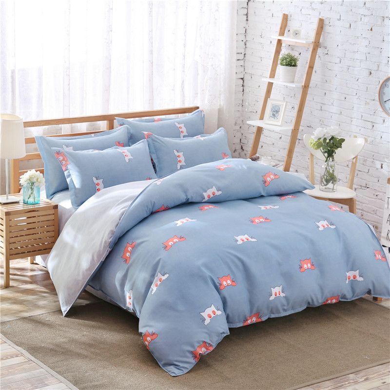 Classic Cute Cat Bed Linens For Girls Blue Bedding Set Home