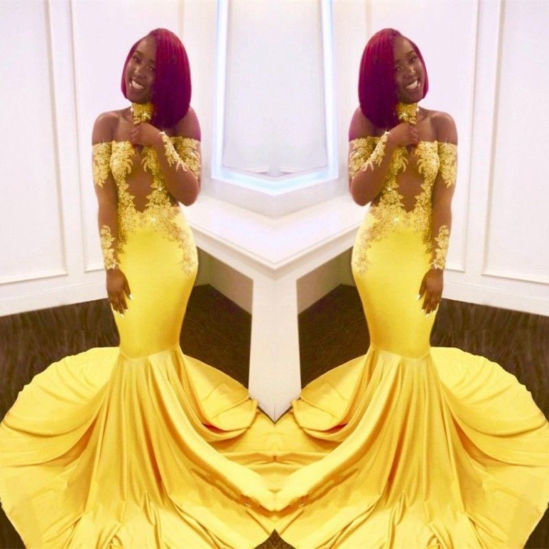 Yellow Mermaid Black Girls Prom Dresses 2018 Custom Made Sheer