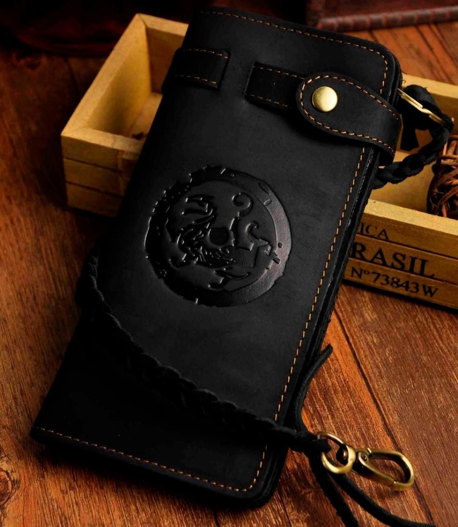 Hot Sale Cattle Male Organizal Crazy Horse Real Leather Design Checkbook Chain Wallet Purse ...