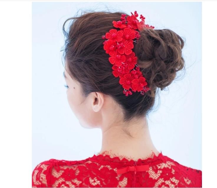 Korean Handmade Lace Red Wedding Head Flower Pearl Short Hair