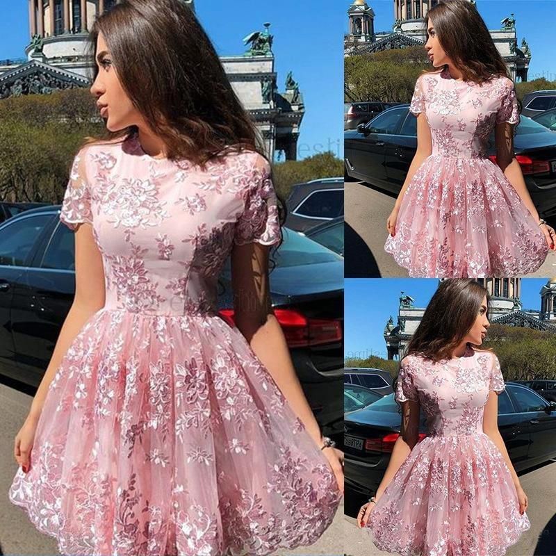 Vestidos de homecoming rosa con mangas cortas Una línea corta vestido de fiesta yong chicas vestidos Vestidos de homecoming rosa con mangas cortas Una línea corta vestido de fiesta yong chicas vestidos