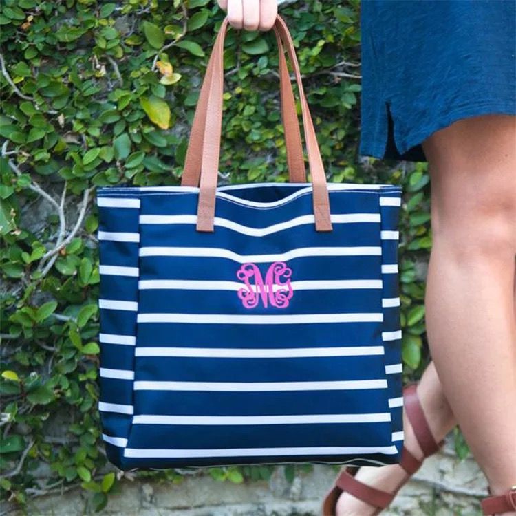 striped tote bag with zipper