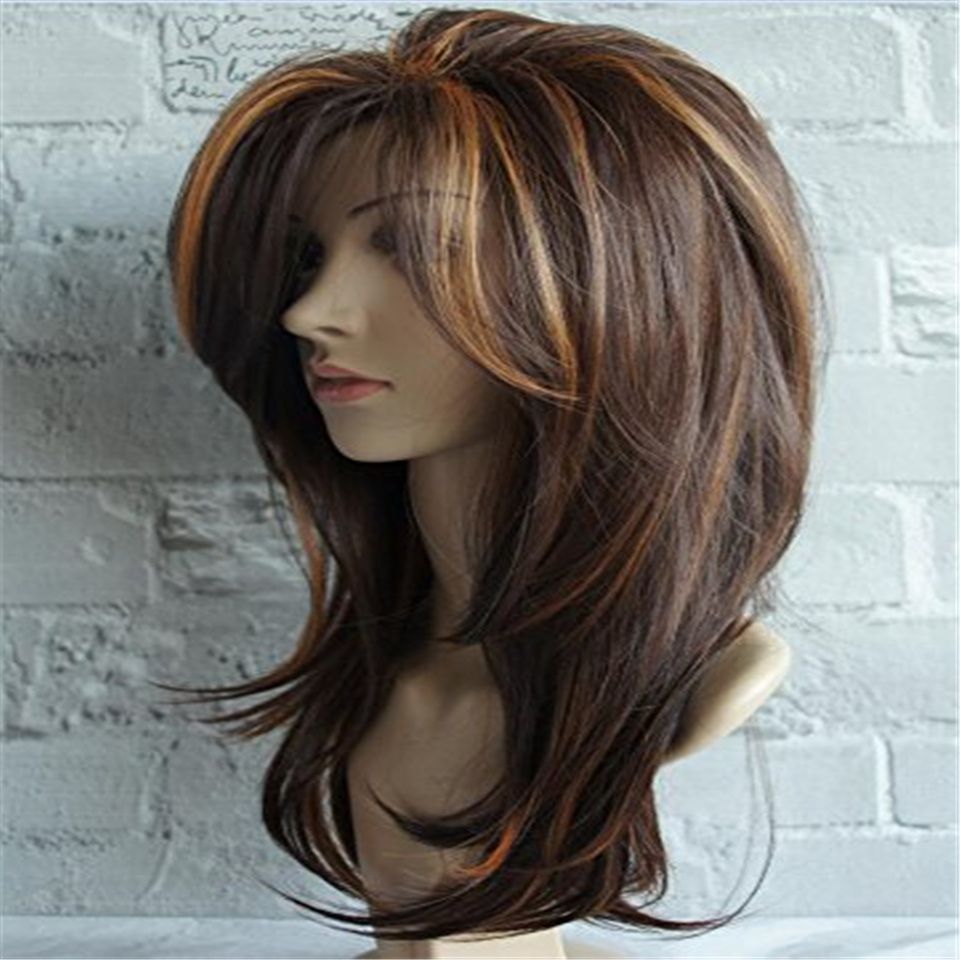 New Wig Lady Side Long Curly Hair Long Oblique Bangs Brown