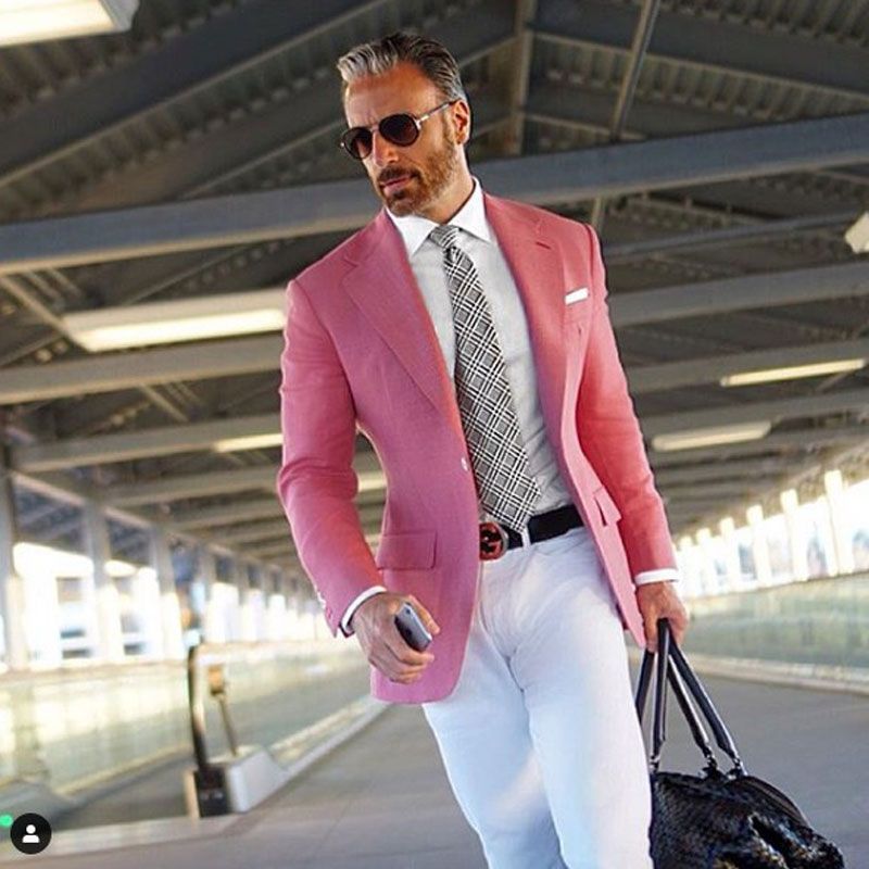 Smoking Jacket Men Suits White Pants 