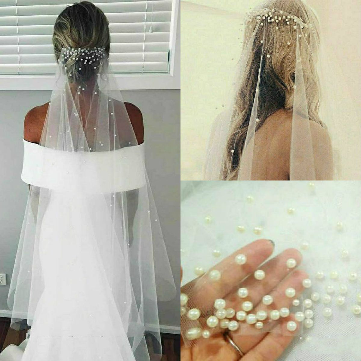 2019 Bling Bling Pearls Figertip Length Short Bridal Veils Luxury