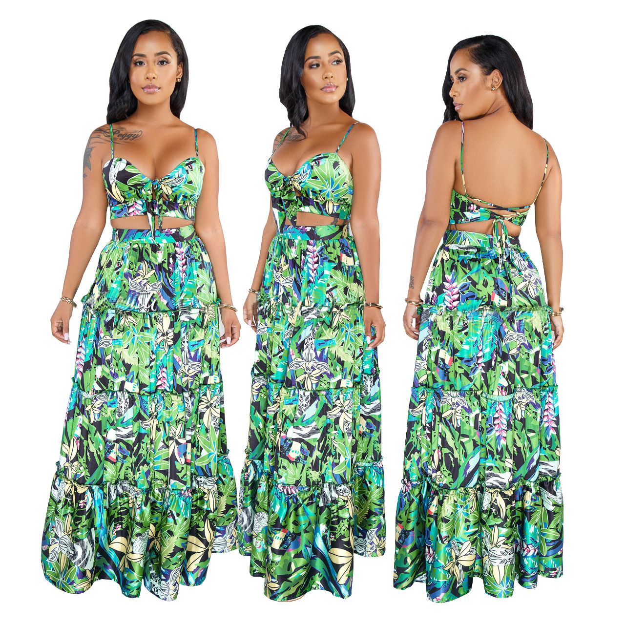 Compra Conjuntos De Vestido De Dos Piezas Para Mujer Impreso Verano Sexy  Correa De Espagueti Con Cuello En V Top Corto Y Falda Larga De Cintura Alta  Maxi Conjuntos De 2 Piezas