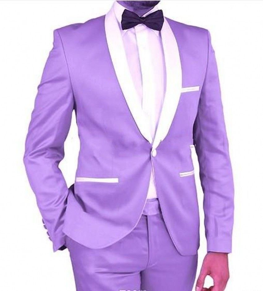 Fashion Lavender Groom Tuxedos White Shawl Lapel Groomsmen Wedding