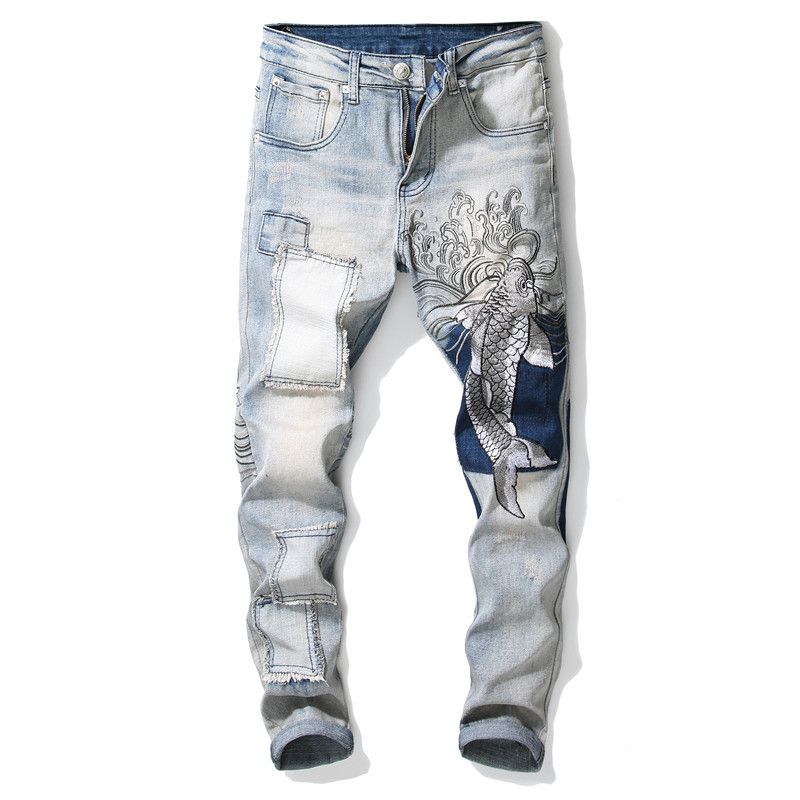 Koop Mode Skinny Jeans Mannen Mode Heren Karpelen Patch Geborduurde Vintage  Gewassen Wave Vis Badge Jeans Slanke Stretch Denim Broek Goedkoop | Snelle  Levering En Kwaliteit | Nl.Dhgate