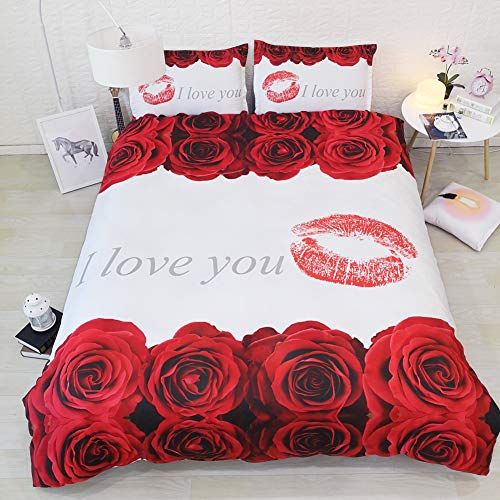 Red Rose Bedding Set Full Size I Love You Duvet Cover Red And