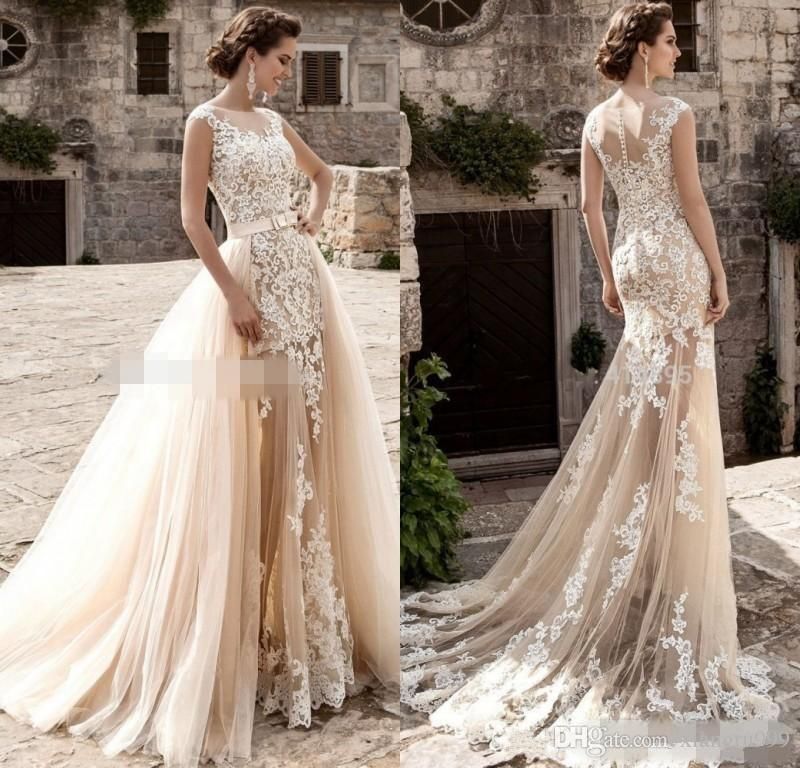 champagne lace mermaid wedding dress