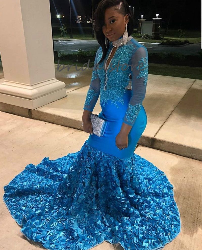 Blue Black Girl Mermaid Prom Dresses Long Sleeve Formal High Neck Plus ...