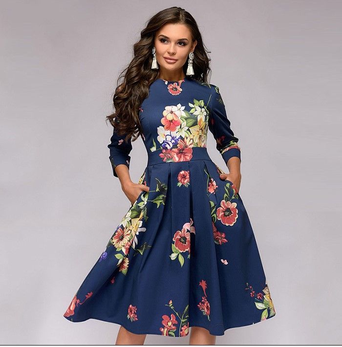 Simple Flavor Women's Floral Vintage Dress Elegant Midi A Line Evening  Dress 3/4 Sleeves 2020