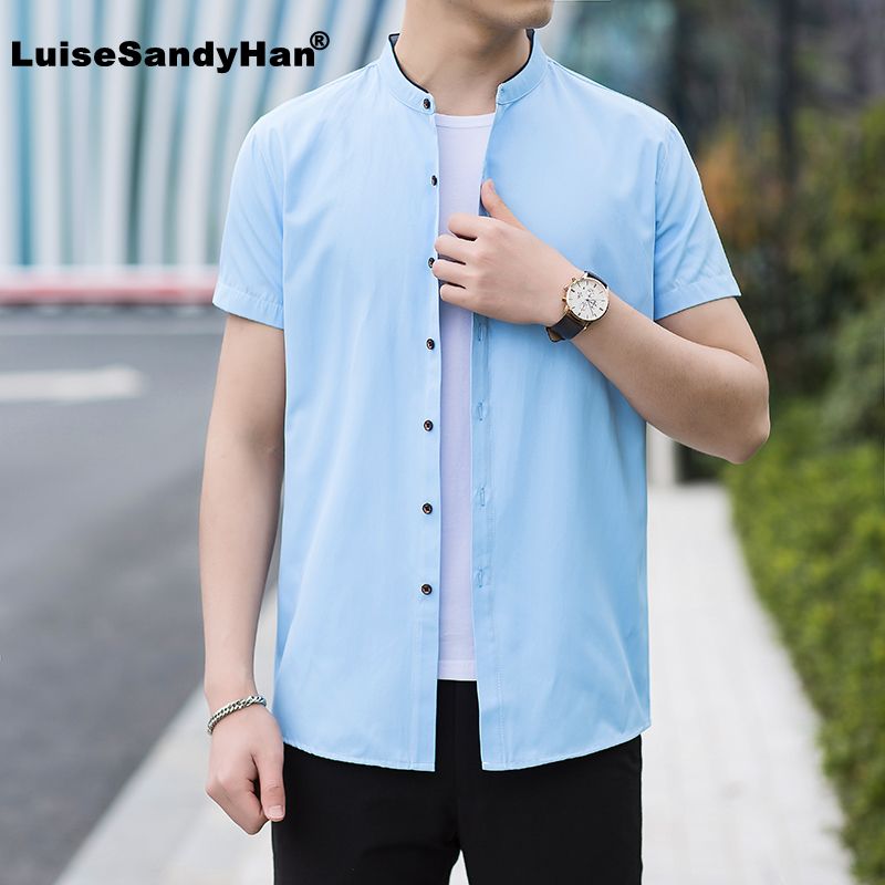 Men Shirt Spring Summer Mandarin Collar 