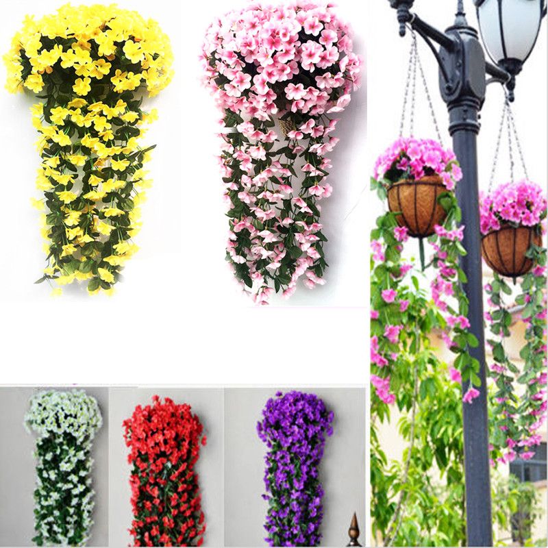 Fashion Hanging Wall Artificial Violet Orchid Flowers Home Rattan Basket Decors