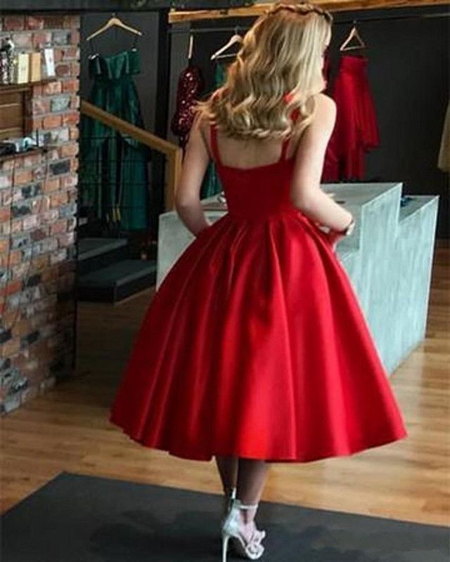 Modest Knee Length Red Cocktail Dresses Sexy Spaghetti A Line Ruffles Short Homecoming Dresses Prom Gowns With Zipper Back B29