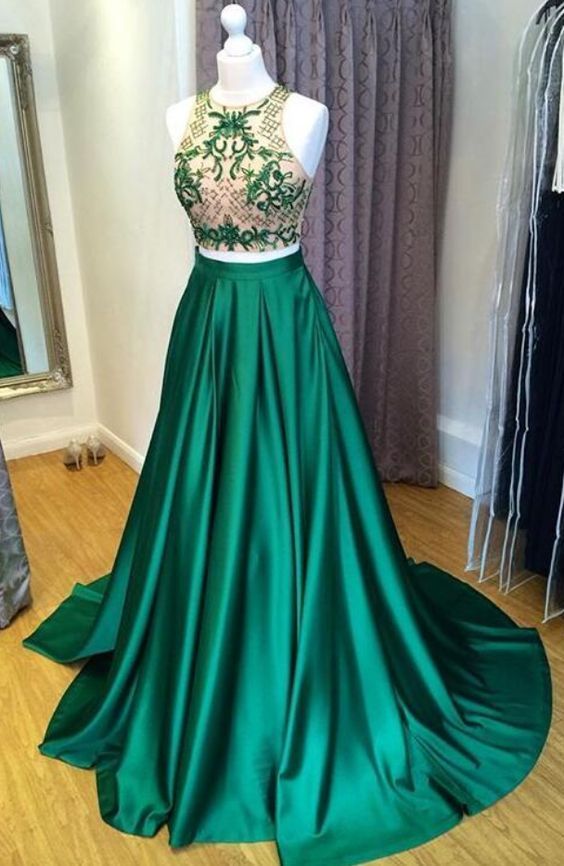 dark green two piece prom dress