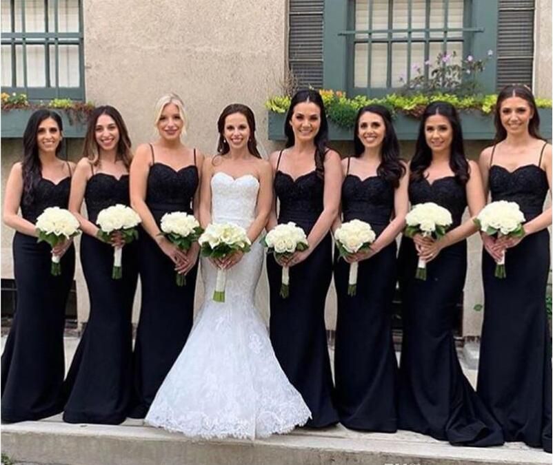 Vervagen puberteit Intiem Nieuwe goedkope zwarte bruidsmeisjes jurk zeemeermin spaghetti riem backless appliques top lange bruidsmeisje jurken gotische bruiloft Vervagen puberteit Intiem Nieuwe goedkope zwarte bruidsmeisjes jurk zeemeermin spaghetti riem backless appliques top lange bruidsmeisje jurken gotische bruiloft