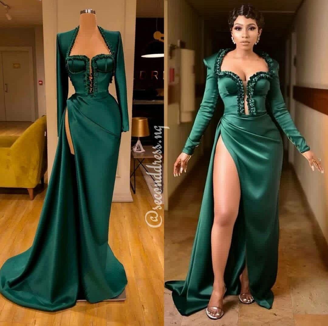 2020 Dark Green Evening Gowns Satin Beaded Luxury Long Sleeve Mermaid ...