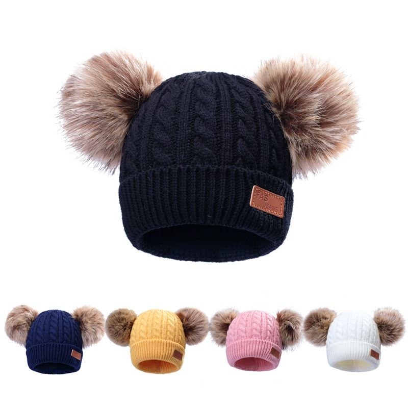 Infant Newborn Kids Baby Winter Knitted Hat Cap Beanie With Two Double Pom Pom