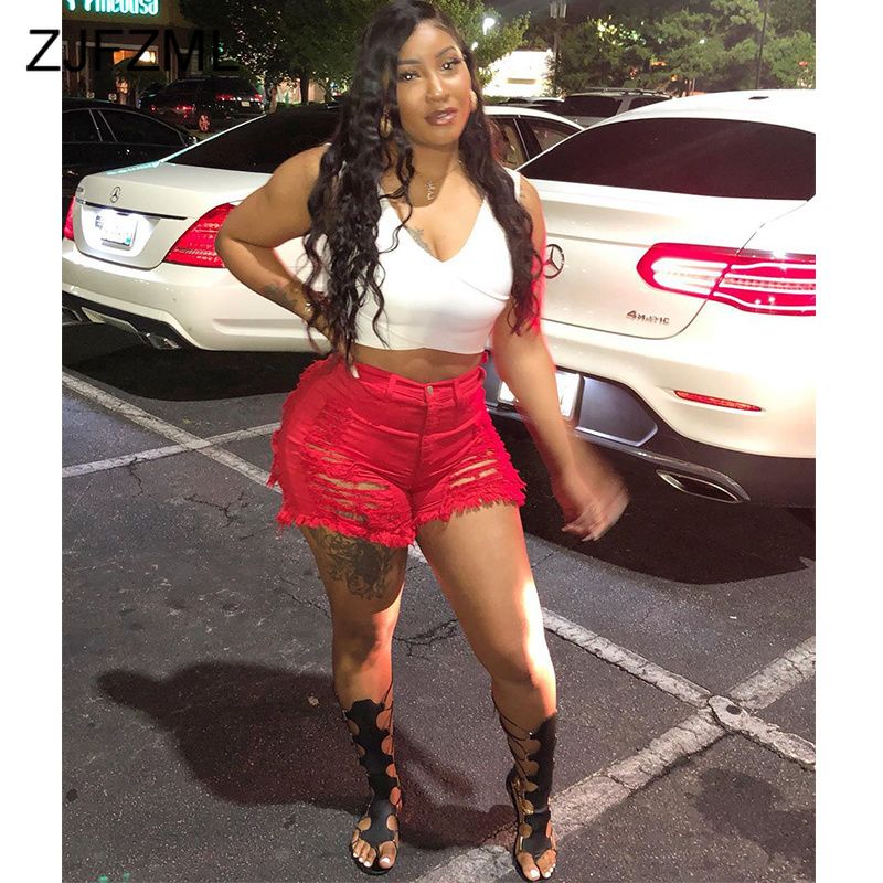 Womens Jeans High Waist Ripped Red 