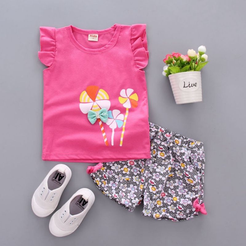 BOZEVON Baby Girls Lollipop Print T Shirt Tops and Floral Shorts For 0-4 Years old