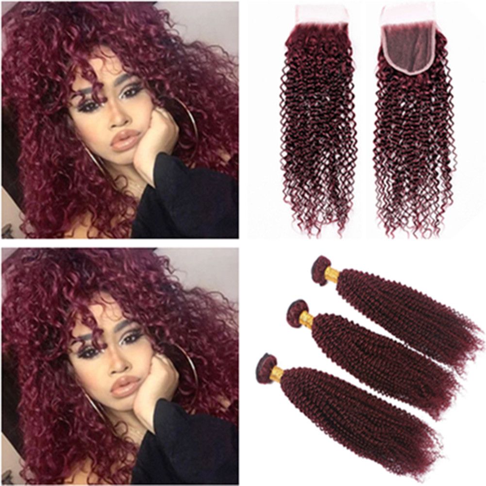 Burgundy Red Peruvian Human Hair Kinky Curly Weave Bundles With