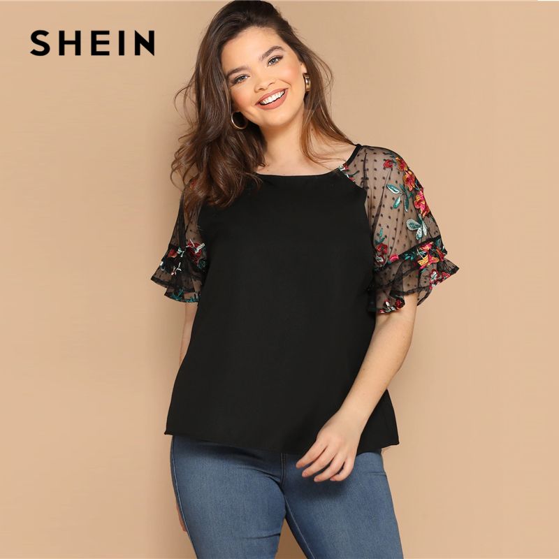 Compra Blusas Para Mujer Camisas SheIn Tamaño Tamaño Bordado Bordado  Bordado Malla Superior Top Blusa Mujeres Verano Elegante Corta Corta Cuello  Redondo Sólido Barato | Entrega Rápida Y Calidad | Es.Dhgate