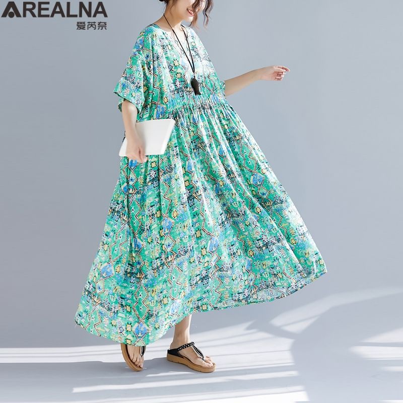 Women Vintage Dresses Cotton Linen Summer Swing Cocktail Maxi Dress