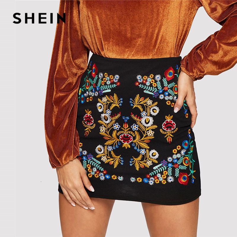 Gold mini skirts size 43 2021 Shein Black Botanical Embroidered Textured Skirt Casual Zipper Night Out Mini Skirts Women Spring Elegant Workwear Skirt Ly191205 From Dang03 11 06 Dhgate Com