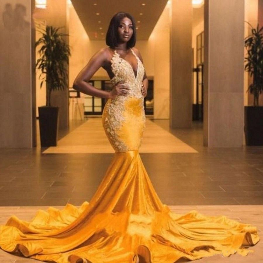 Elegant Gold Velvet Prom Dresses Long 