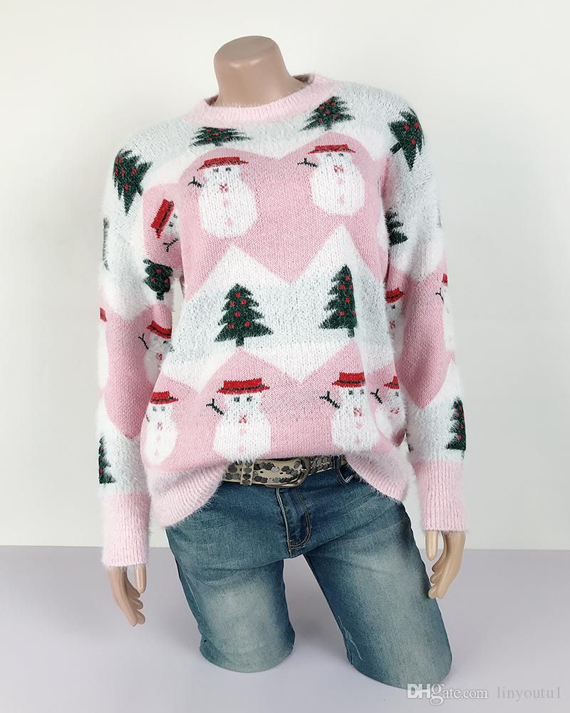 2020 Hot Sale Christmas Tree Snowman Sweater Women Knitted Pullover Ladies Long Sleeve O Neck 