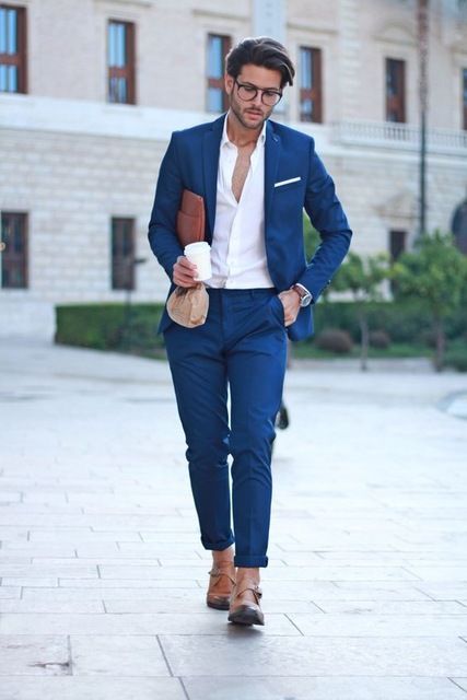 blue coat pant white shirt