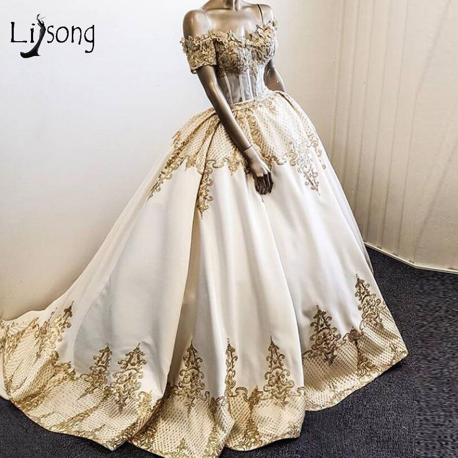 Real Picture Gold Appliques Ball Gown Wedding Dresses Off The