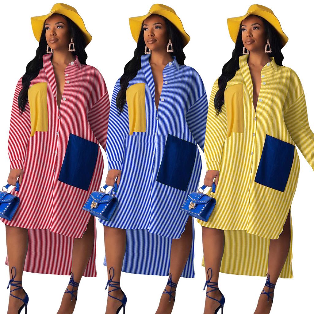 Autumn Women Blue Yellow Stripe Shirt 