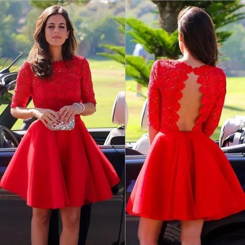 Compra Vestido De Partido Atractivo Corto Rojo Una Línea Regreso Al Hogar  De Los Vestidos Del Cordón Del Cuello De La Joya Medias Mangas Apliques  Vestido De Coctel Formal De La Celebridad