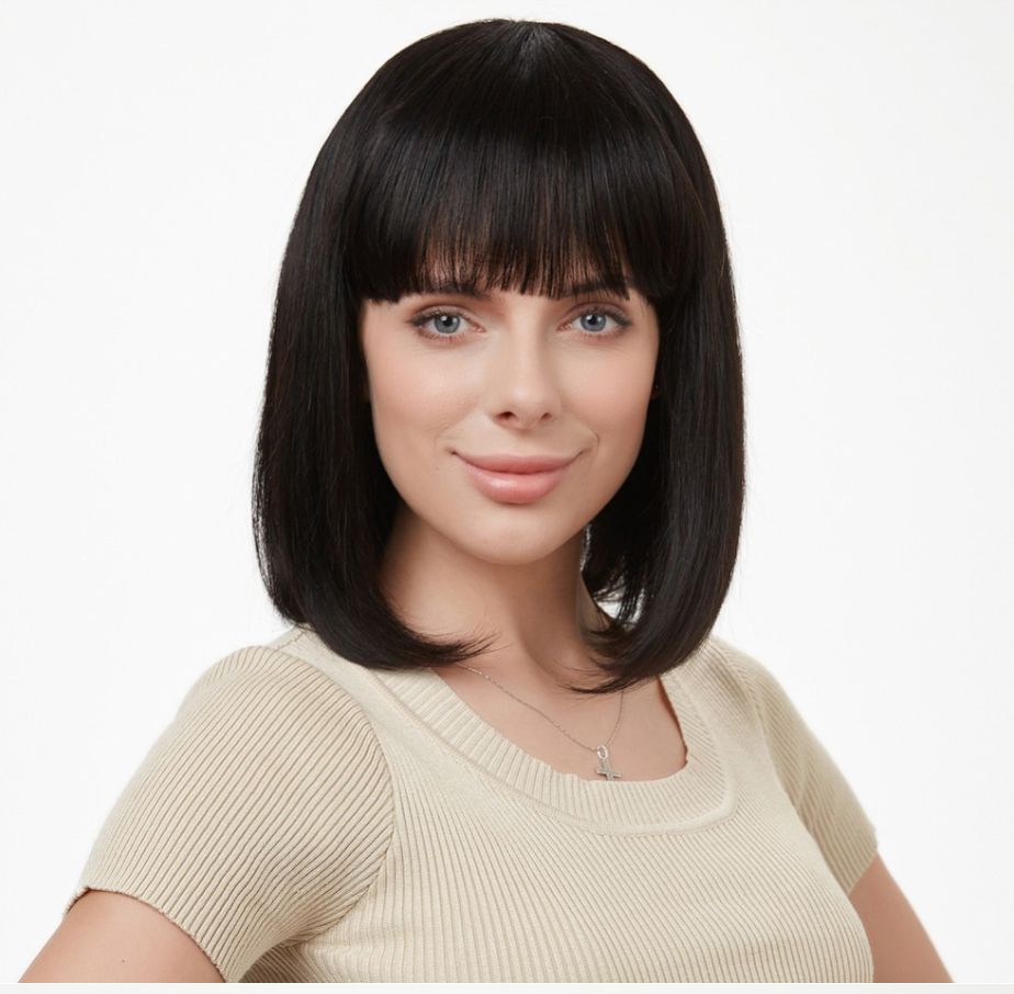 Natural Short Human Hair Wig With Bangs Glueless Full Lace Wigs 9a