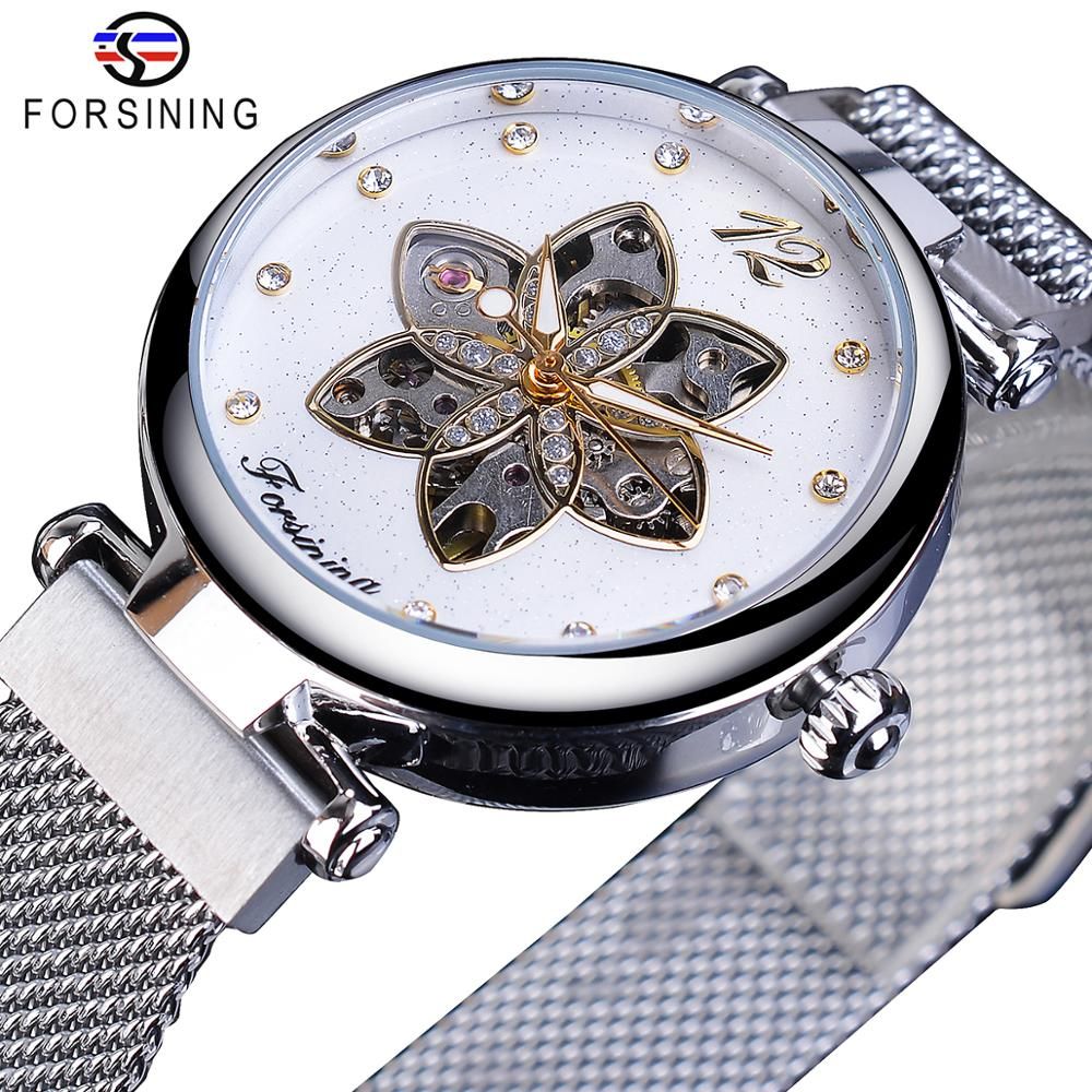 Forsining Mechanical Womens Watch Waterproof Automatic Casual Clock Silver Mesh Luminous Hand Slim Diamond Fashion Ladies Watch Online Buy Watches Buy Online Watch From Orologio 42 29 Dhgate Com