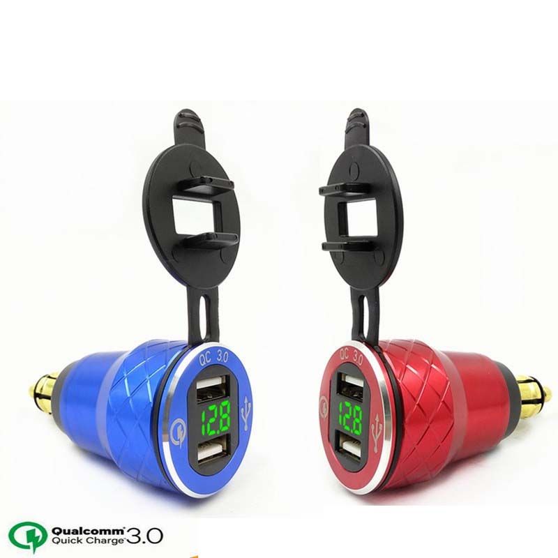 CNC Motorcycle DIN Socket QC3.0 Dual USB Charger with Digital Voltmeter for BMW