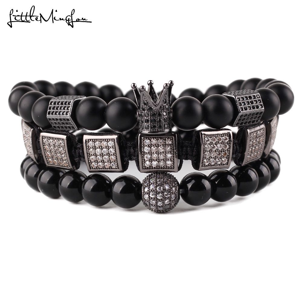 Conjunto De Pulseras De Corona De Cz Cuentas De Piedra Mate Conjunto De Pulseras De Corona De Cz Cuentas De Piedra Mate